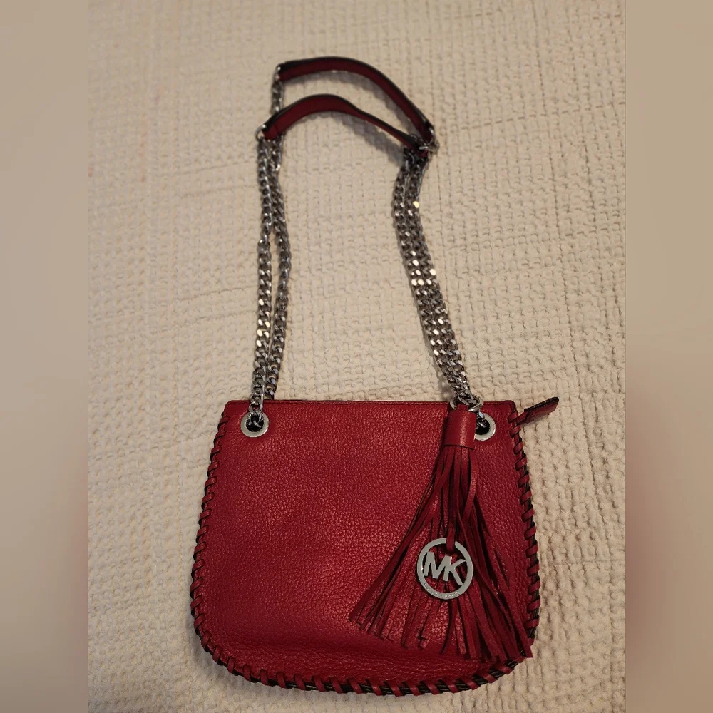 Michael Kors Whipped Chelsea Red Leather Bag with Tassel Silver $328 NEW